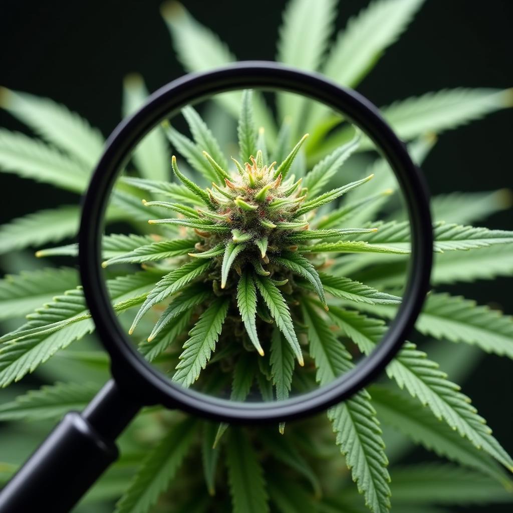 Cannabis plant with magnifying glass