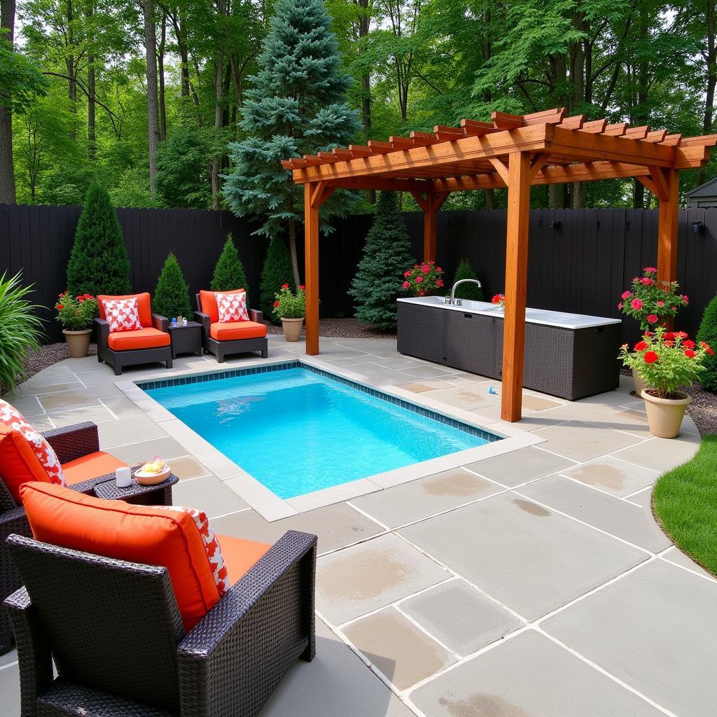 Backyard oasis featuring a rain deck splash pad and a relaxing lounge area