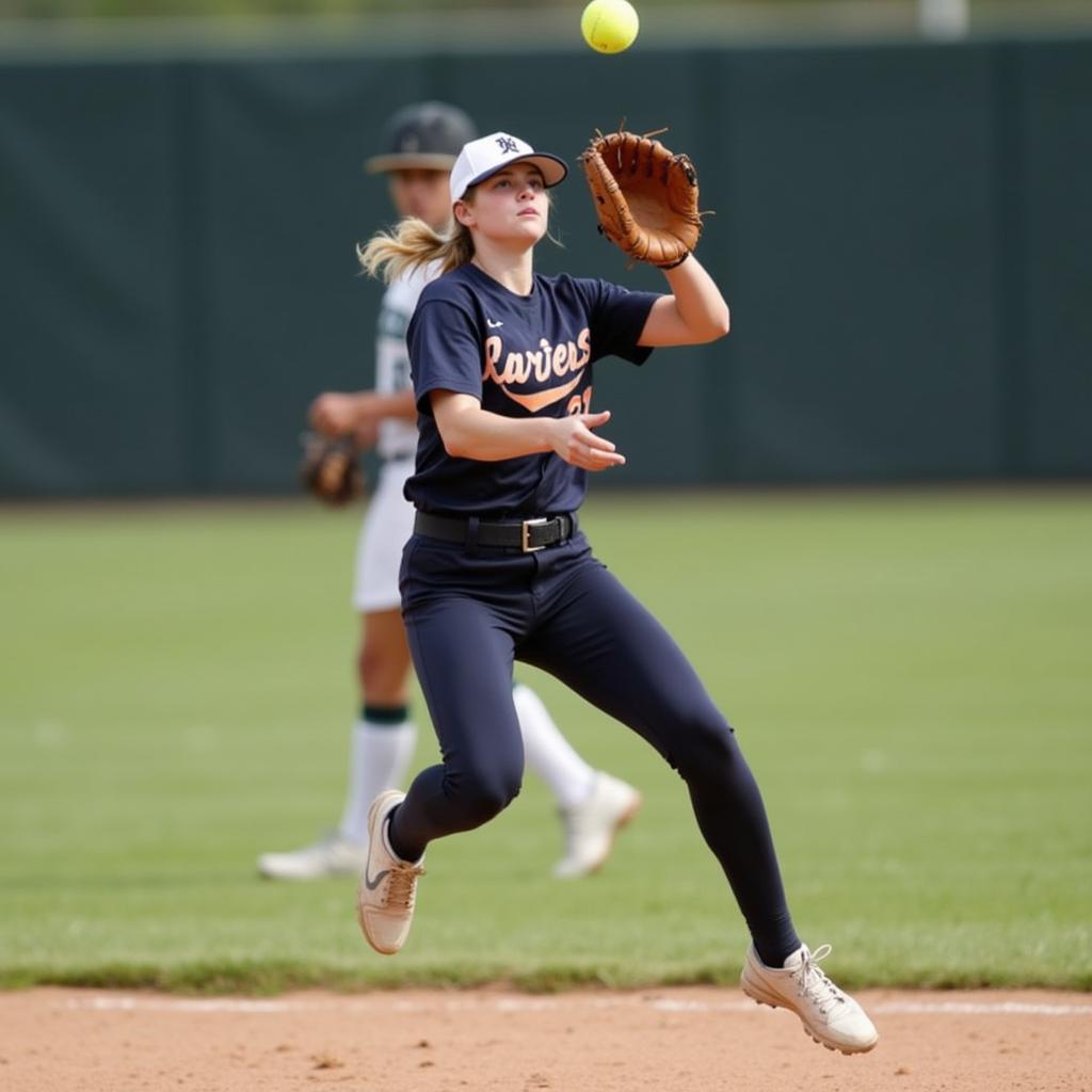 A softball player executing the baldwin ball catch