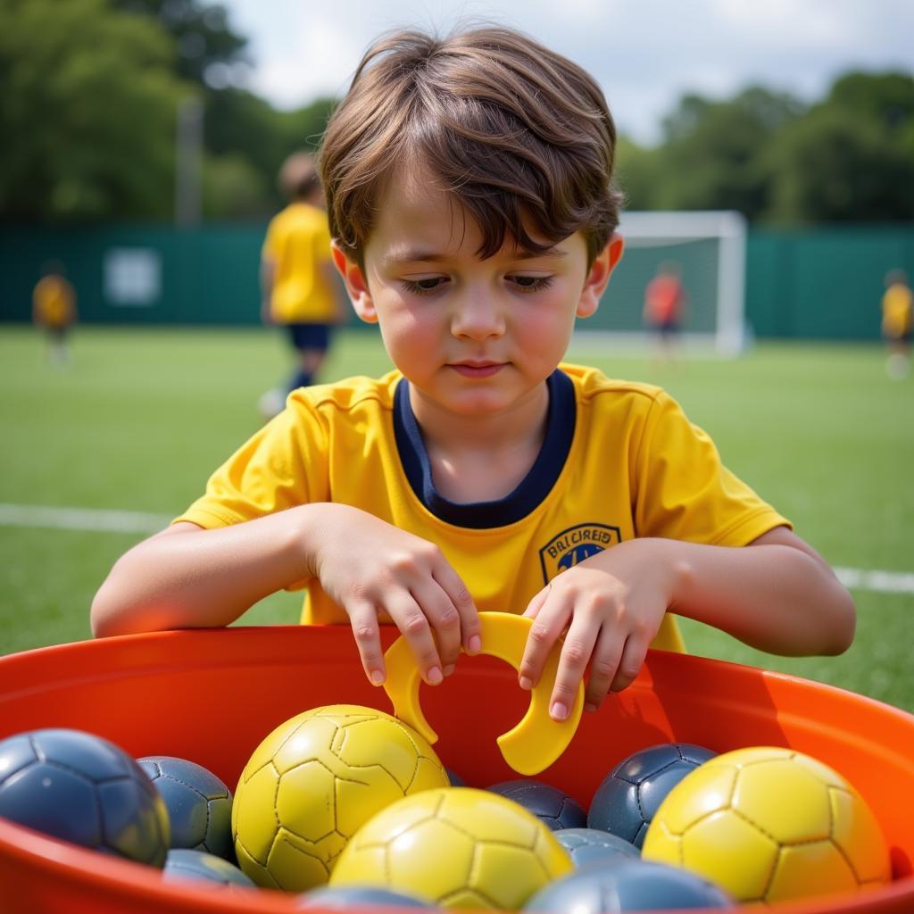 Soccer player training with a ball and claw tub