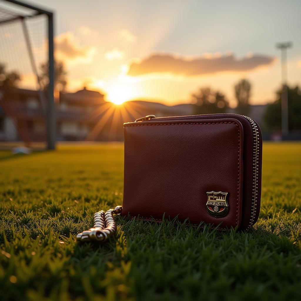 Ball chain wallet lying on the grass of a football field