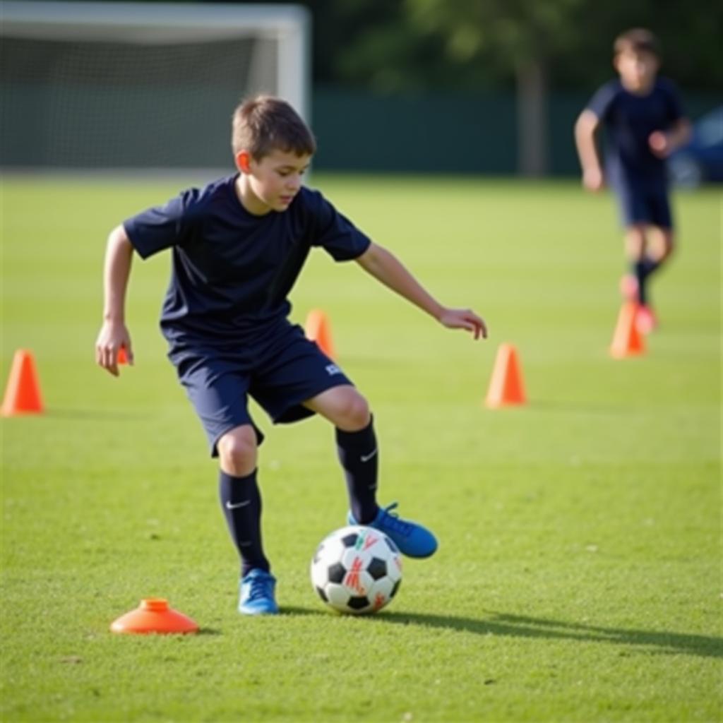 Football player practicing dribbling drills