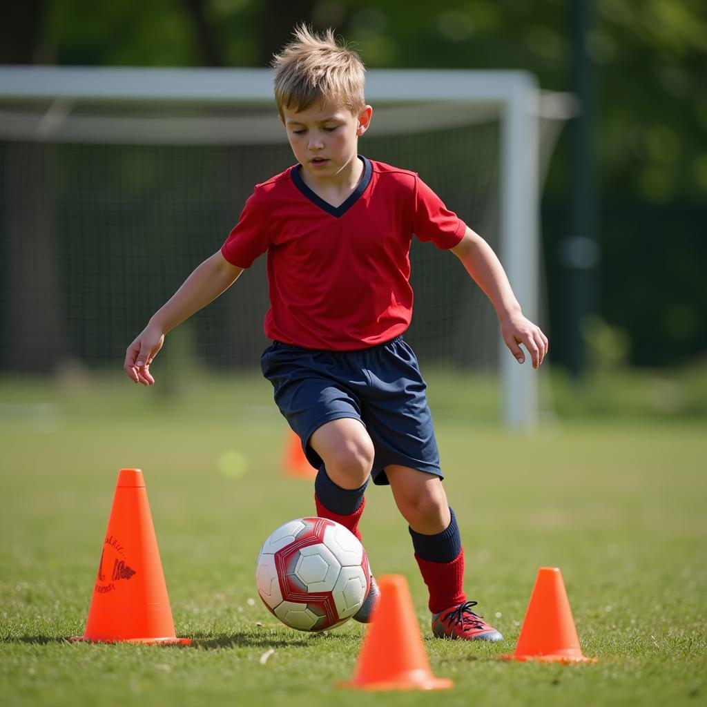 Young footballer practices ball control and dribbling skills