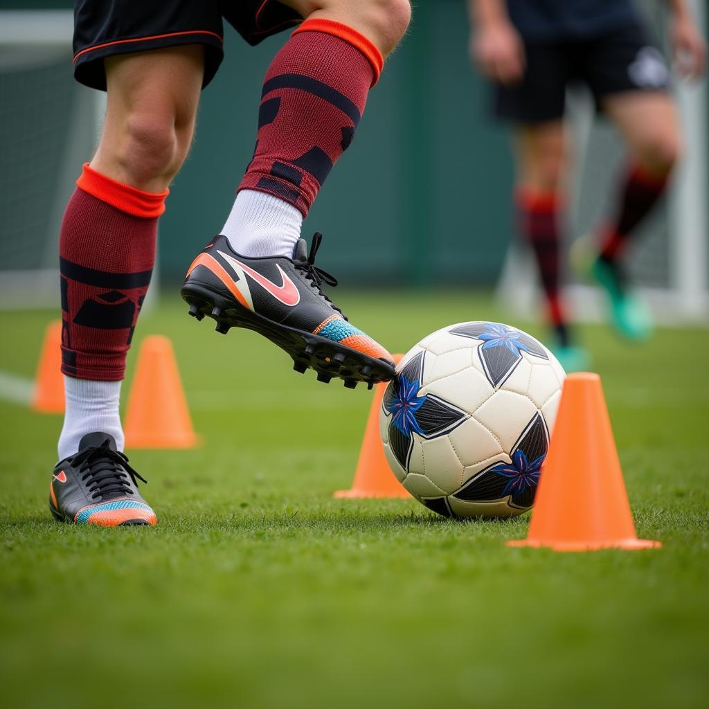 Footballer practicing ball control drills