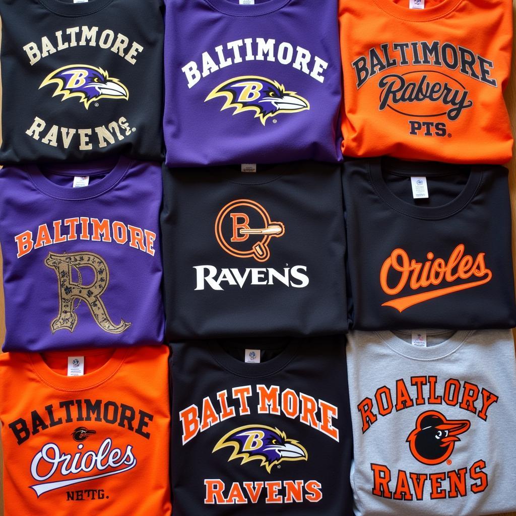 A collection of Baltimore Ravens and Orioles shirts arranged for a photoshoot