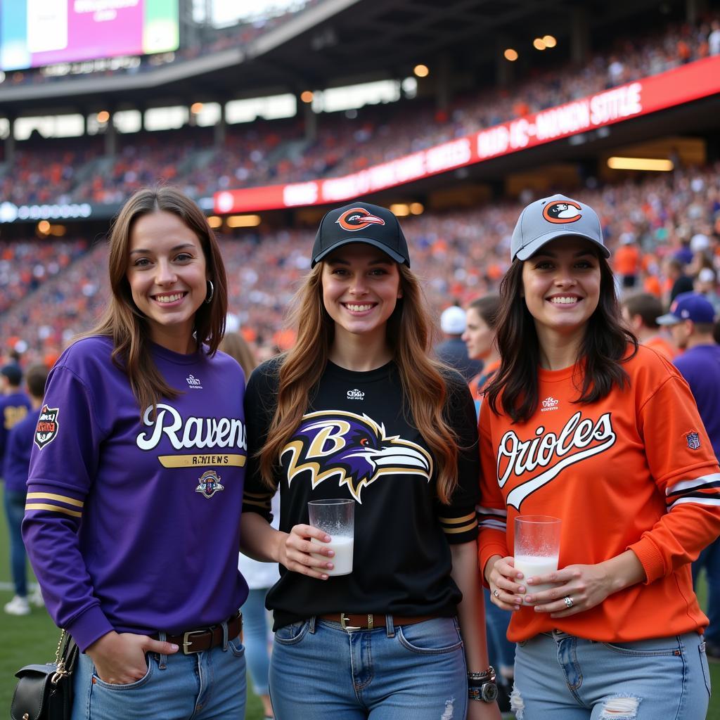 Fans wearing Baltimore Ravens and Orioles shirts at a game