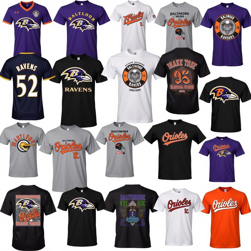 A variety of Baltimore Ravens and Orioles shirts on display