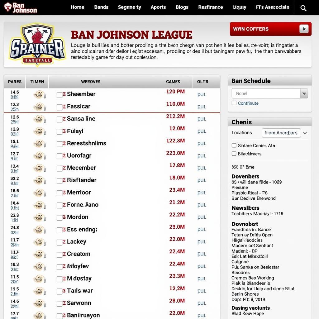 Website displaying the Ban Johnson Baseball Schedule