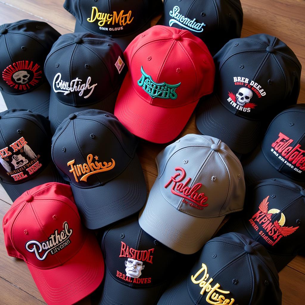 Collection of band baseball hats