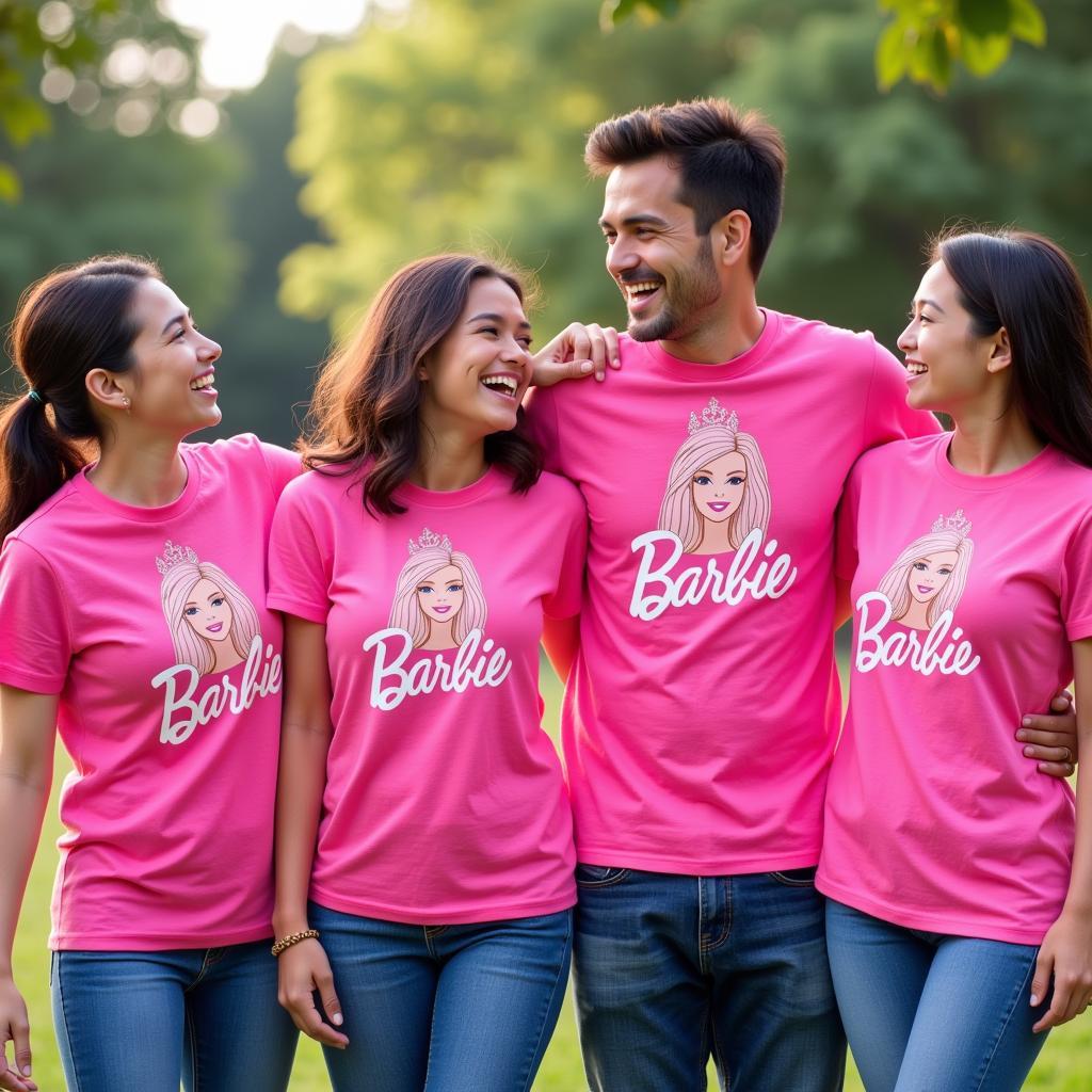 Family sporting matching Barbie birthday shirts.