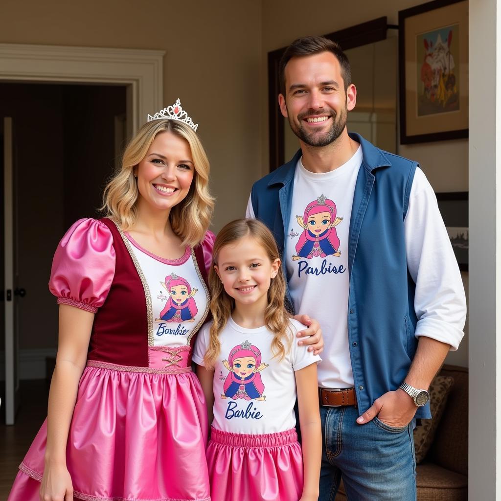 Family dressed in shirts inspired by Barbie's Princess and the Pauper movie