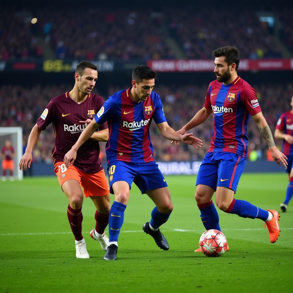 Barcelona players demonstrating the "triple blue" with a sequence of passes.