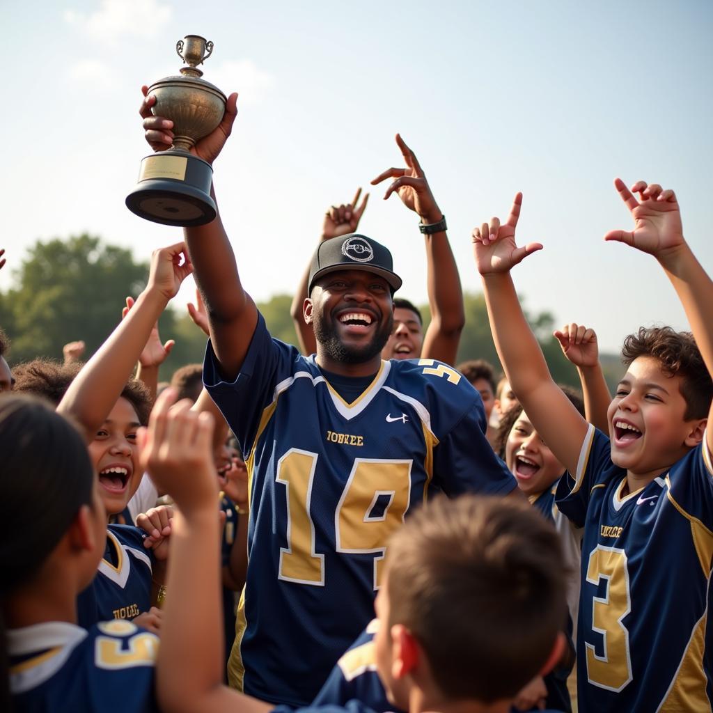 Barrett Freeman celebrates a win with his youth football team