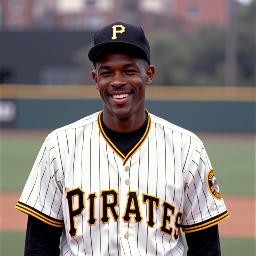 Barry Bonds in his classic Pittsburgh Pirates pinstripe jersey