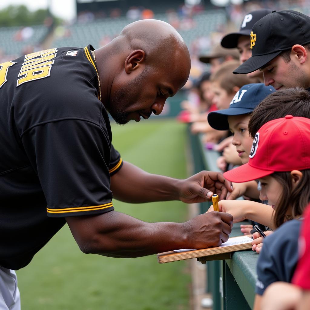 Barry Bonds signing autographs for fans while wearing his Pirates jersey