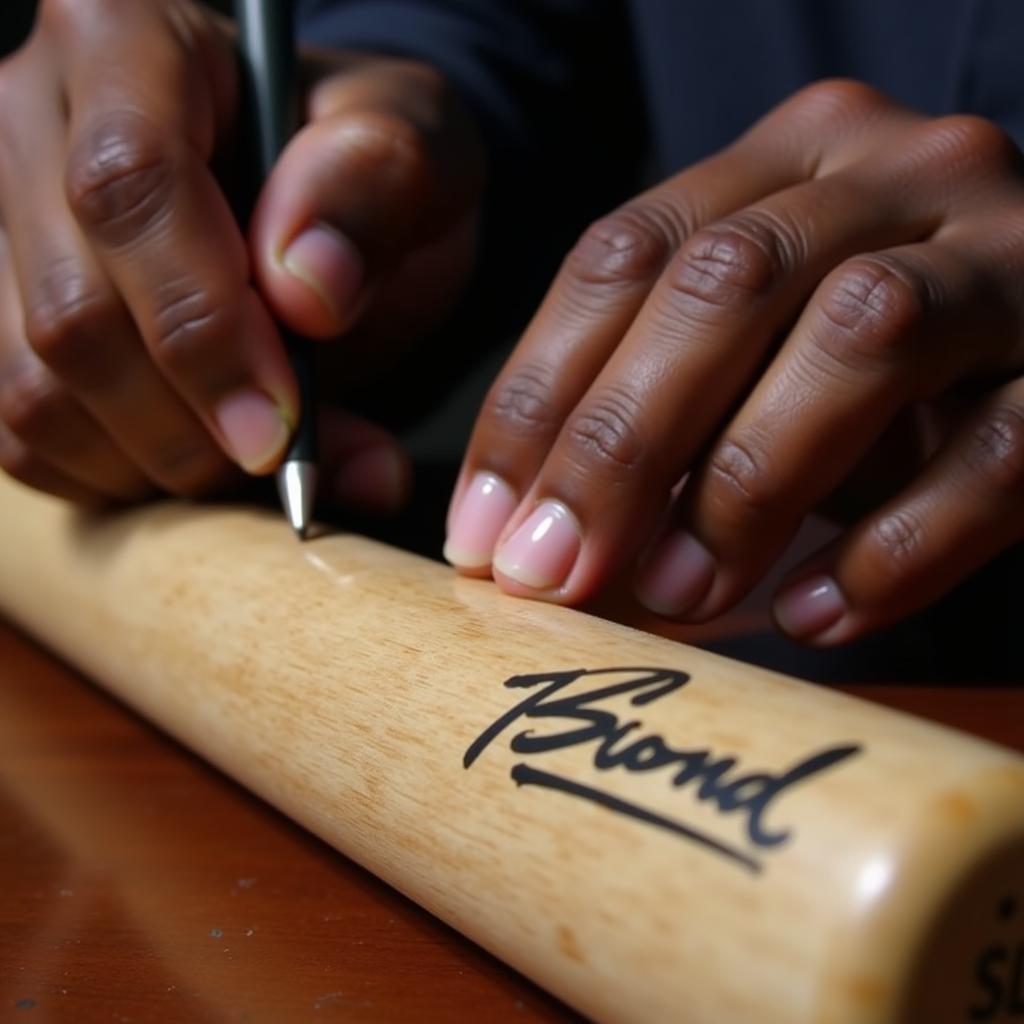 Barry Bonds signing a baseball bat during an autograph session