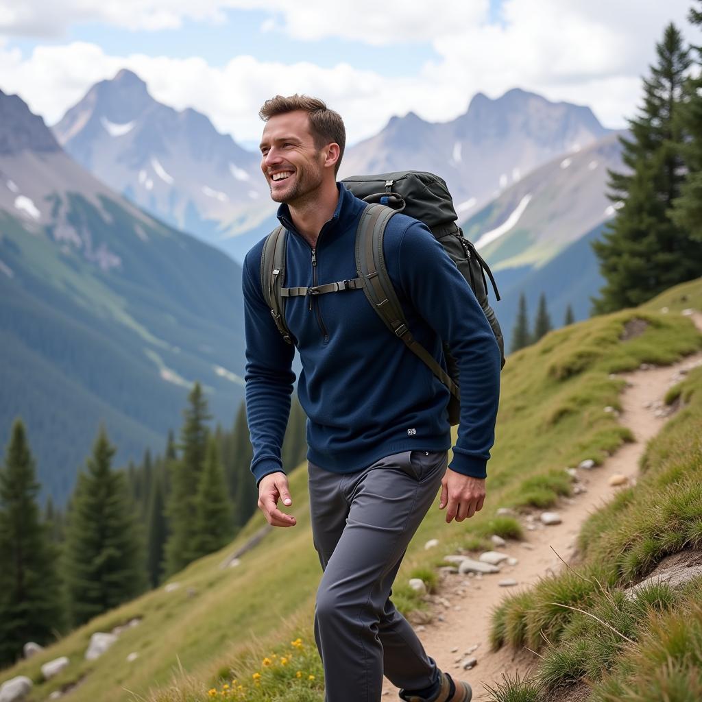 Man hiking in the mountains wearing a base camp pullover sweater