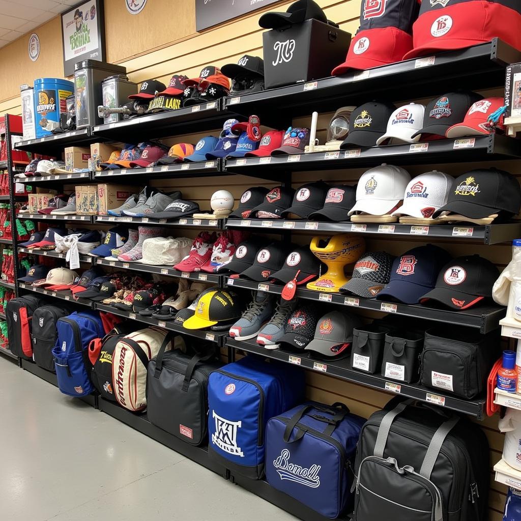 Baseball accessories neatly organized on shelves at Banditos Baseball Store