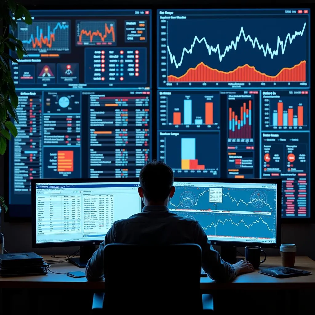 Baseball Analyst Examining Player Statistics on Multiple Computer Screens