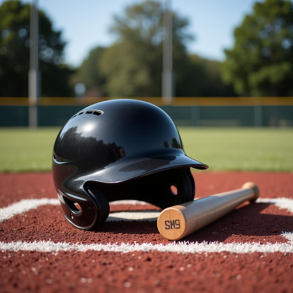 Baseball equipment on the field: bat and helmet.