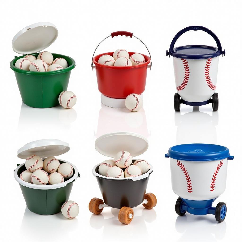 Various baseball buckets with lids