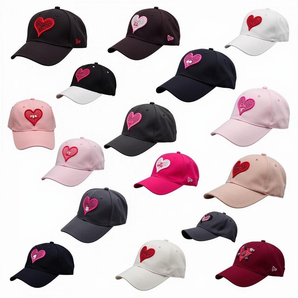 Various baseball cap designs featuring hearts