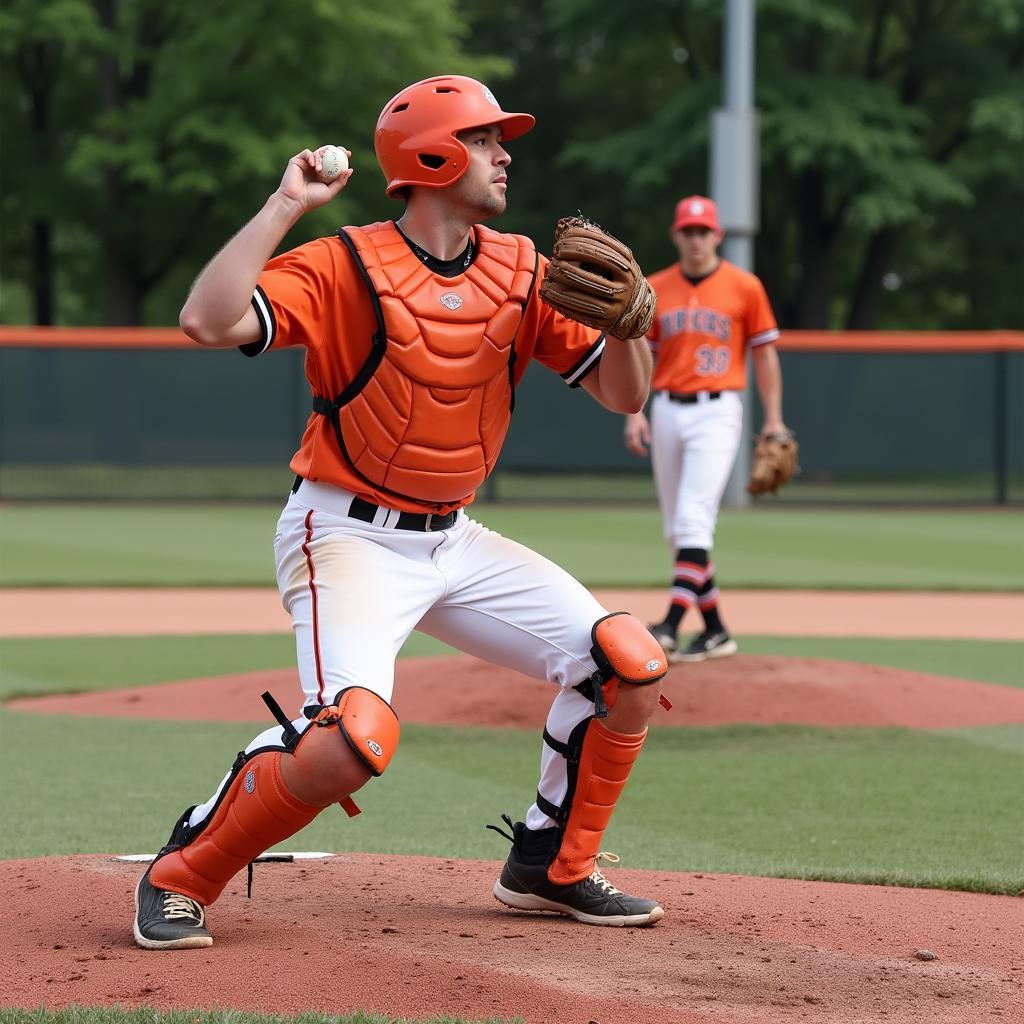 Baseball catcher in full orange gear in action pose during a game