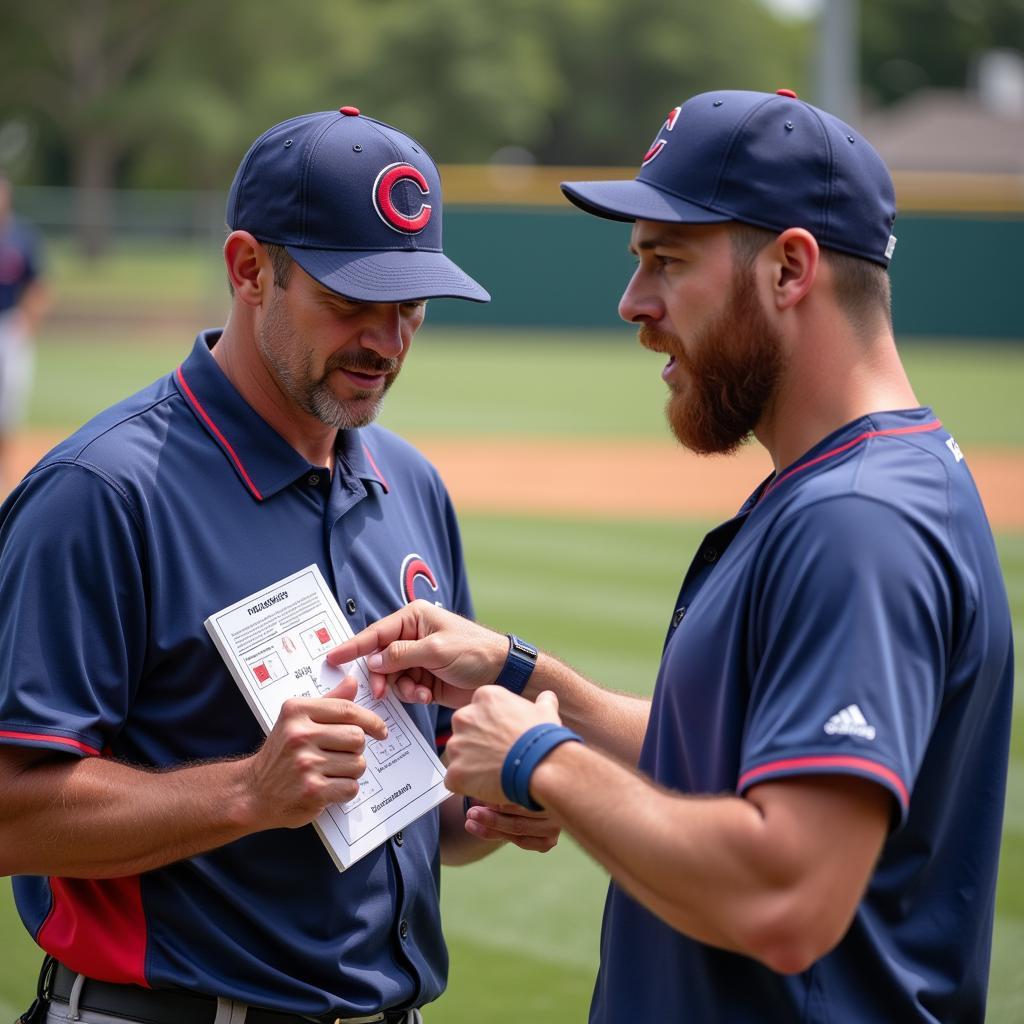 Baseball coach explaining plays using a wristband