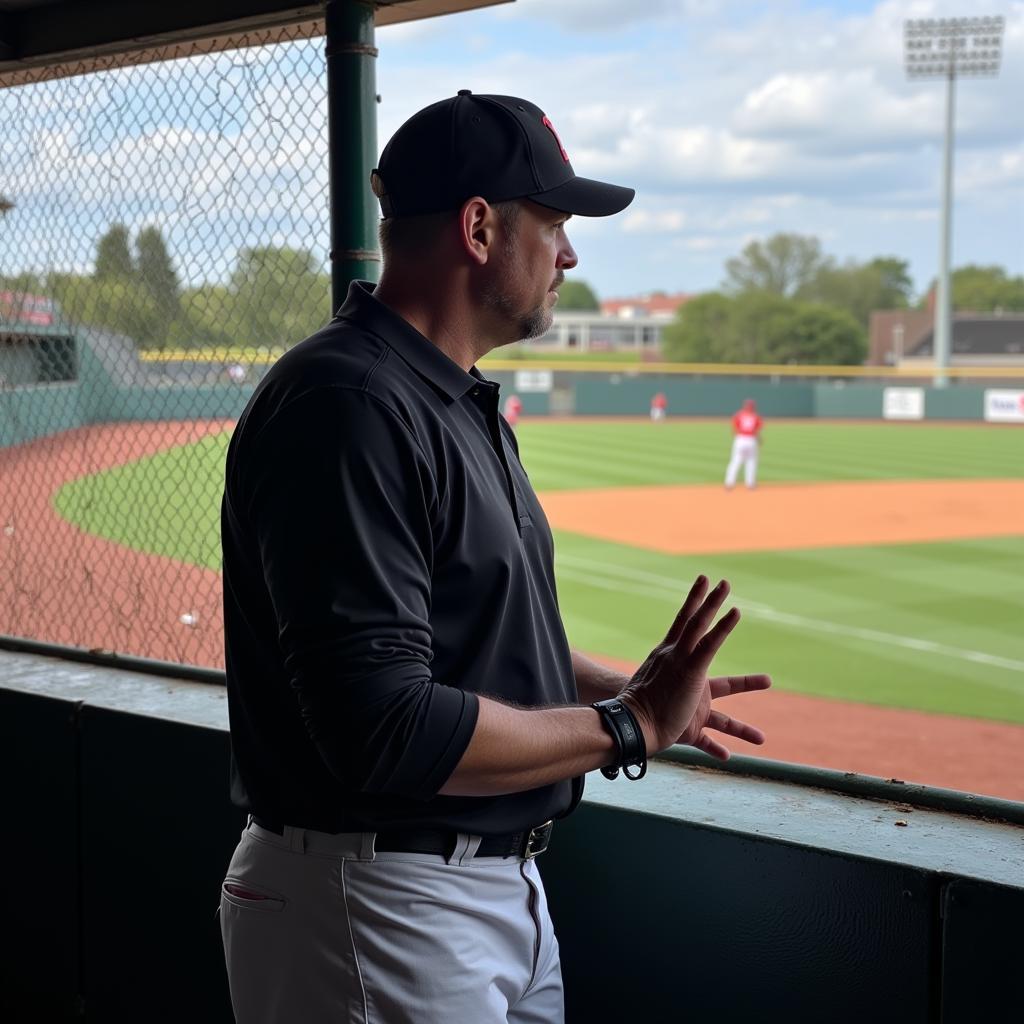 A baseball coach using wristband signs to communicate with players