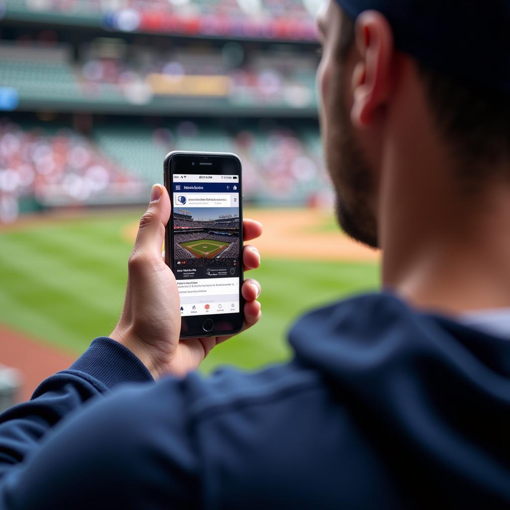 Baseball Fan Checking Phone for Tickets