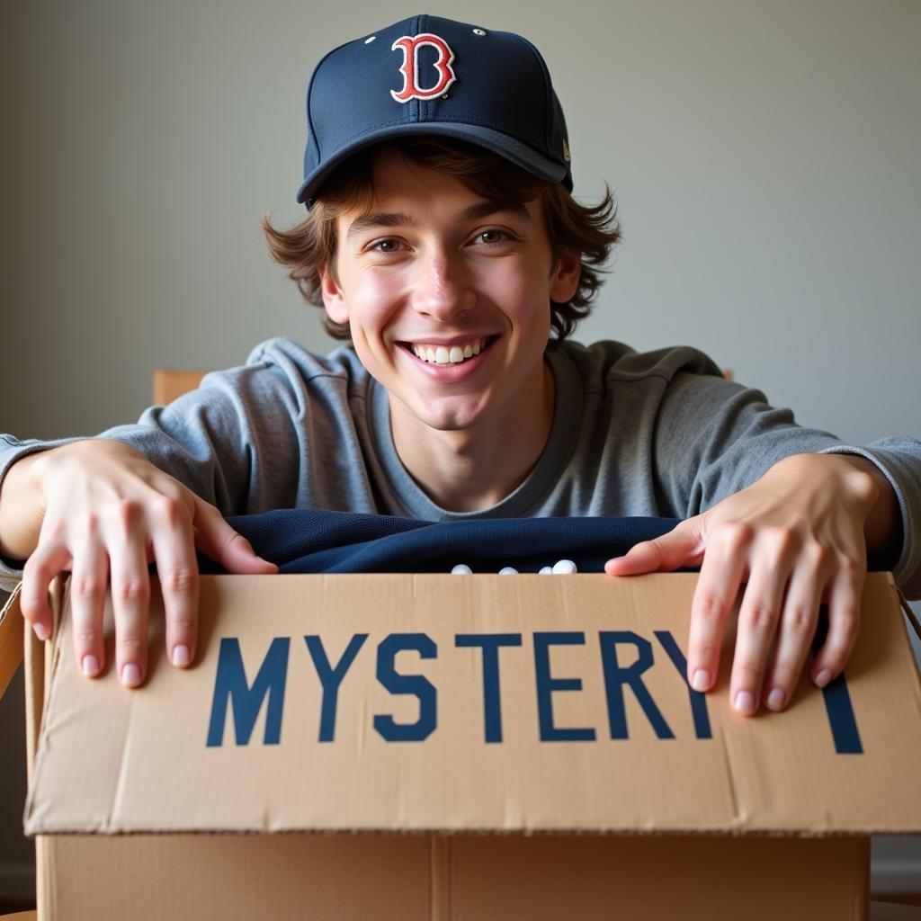 Excited baseball fan opening a mystery jersey box