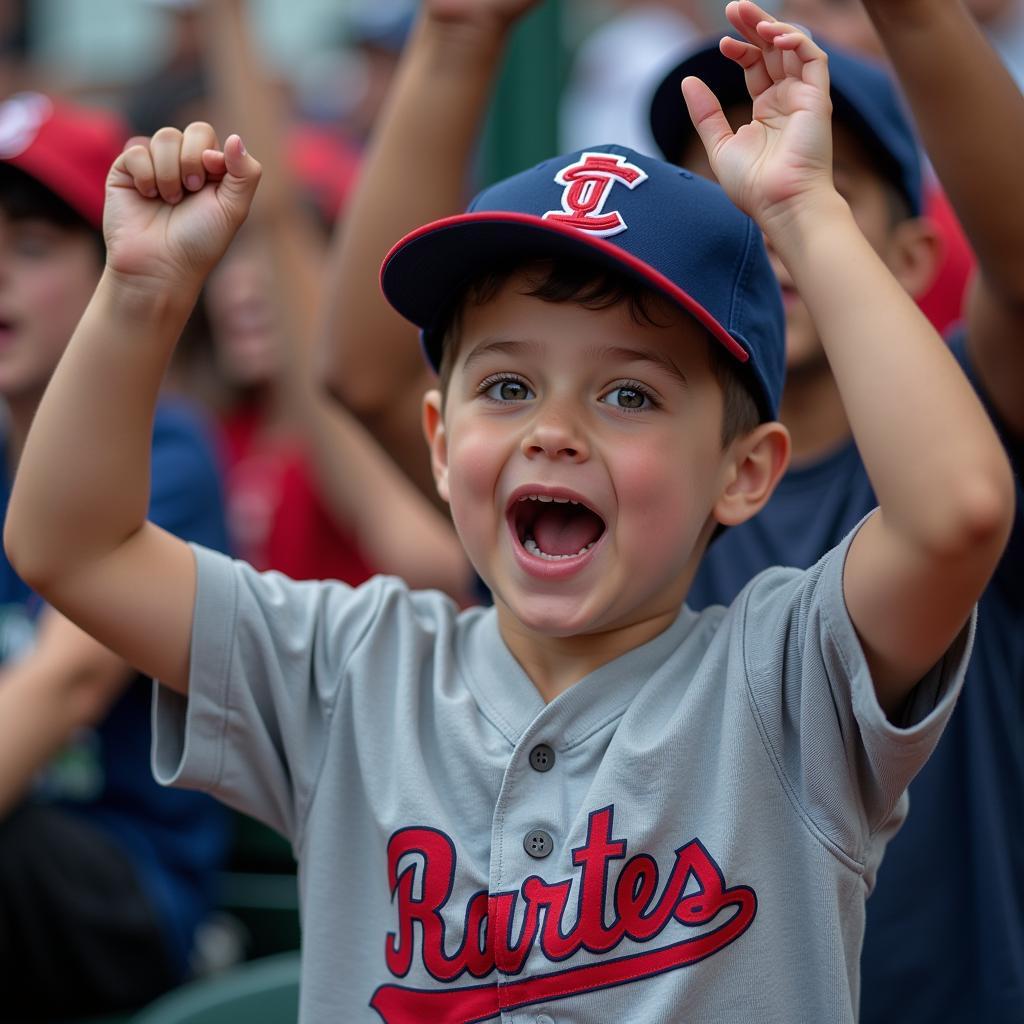  A young fan cheers while wearing a baseball cap.