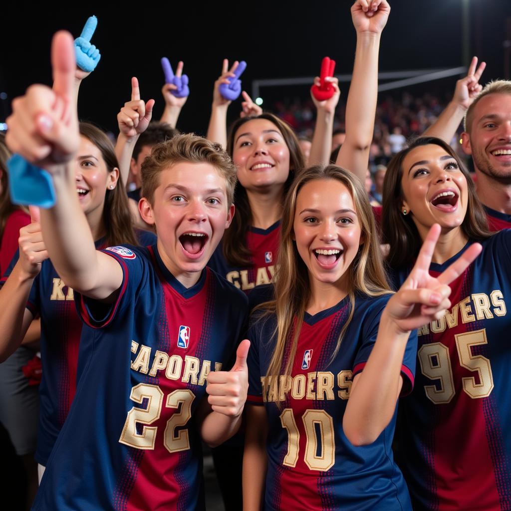  A group of baseball fans celebrate a victory while holding promotional items.