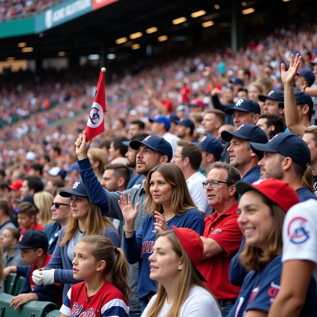 A diverse crowd of baseball fans enthusiastically cheering for their team.