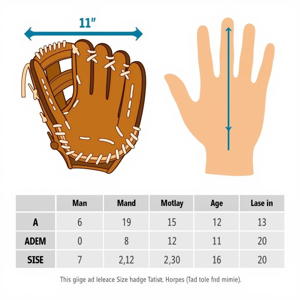 Baseball glove sizing chart with hand measurements