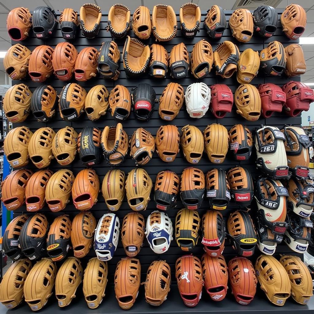 Wall of baseball gloves at Banditos Baseball Store