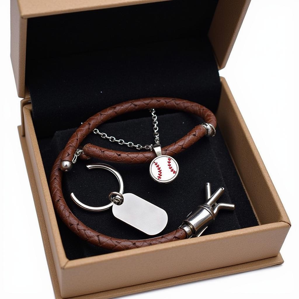 Gift set containing a baseball necklace, bracelet and keychain