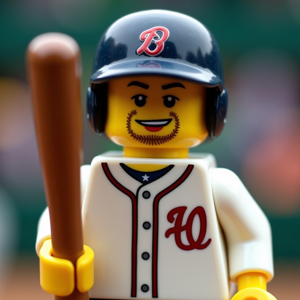 Close-up of a baseball Lego minifigure showing details of the uniform, cap, and bat.