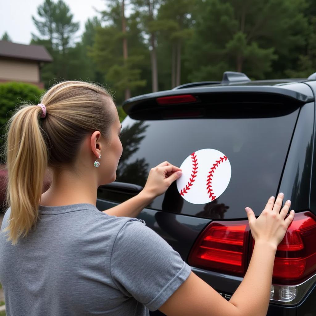 Mom Applying a Car Sticker