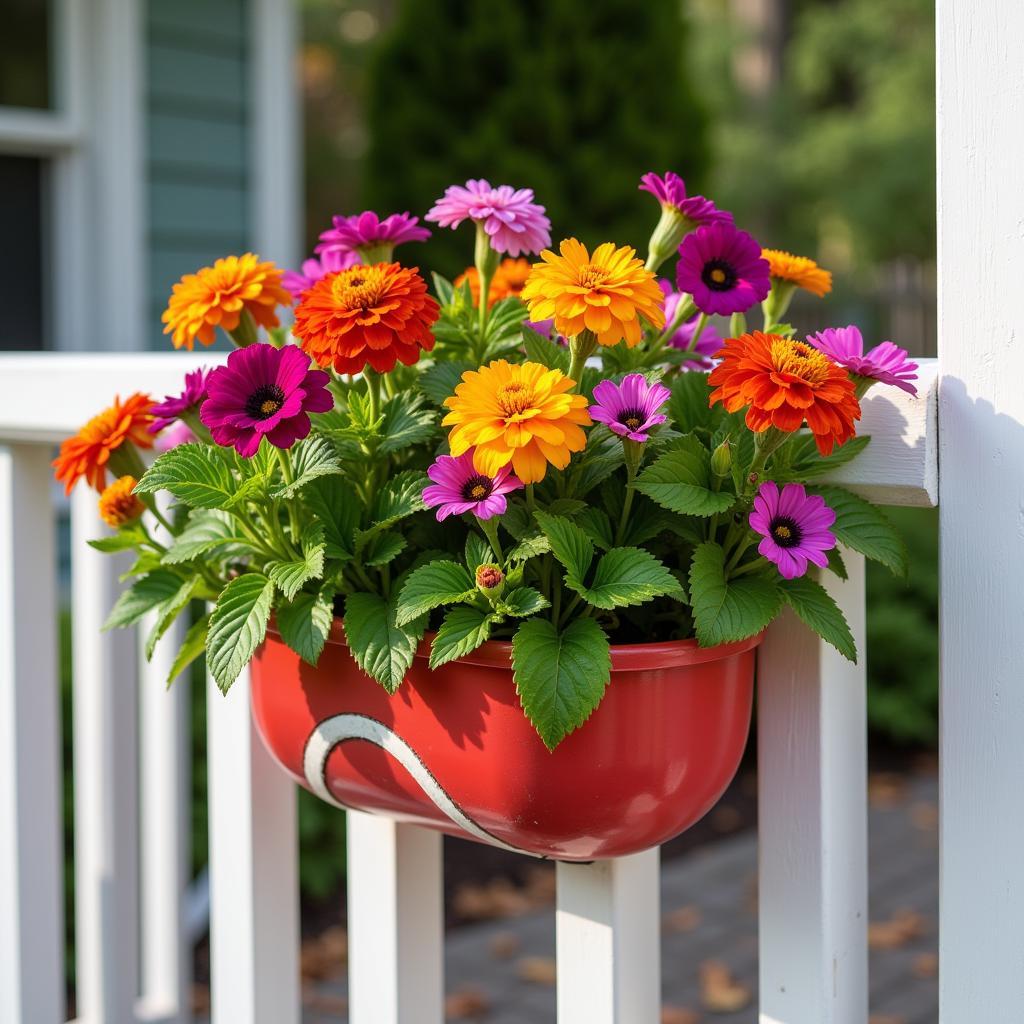 Baseball Planter on a Porch with Flowers