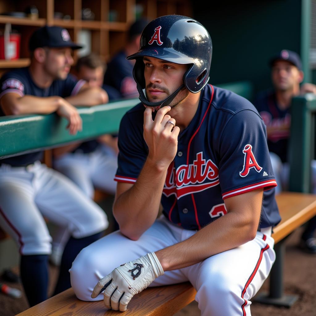 Baseball player making adjustments to his batting helmet in the dugout.