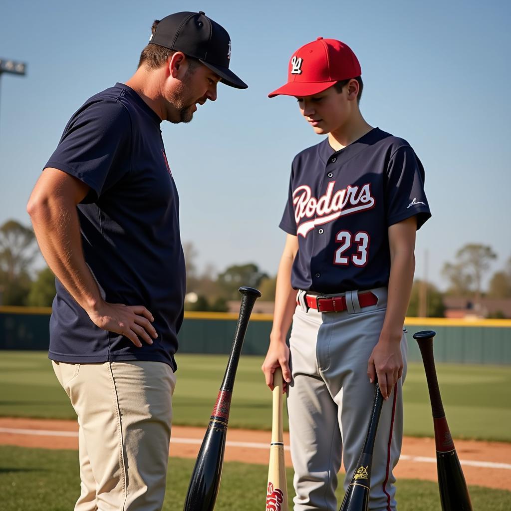 Baseball player and coach discussing bat selection