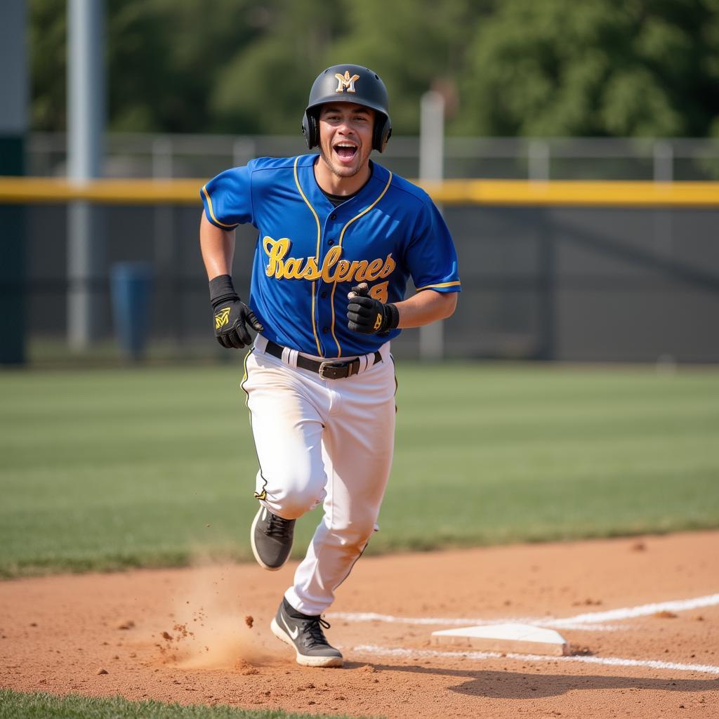 A young baseball player celebrates hitting a home run during a top prospects tournament