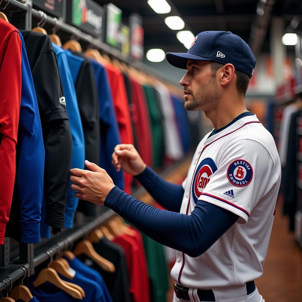 A baseball player looking at different colored arm sleeves in a sports store