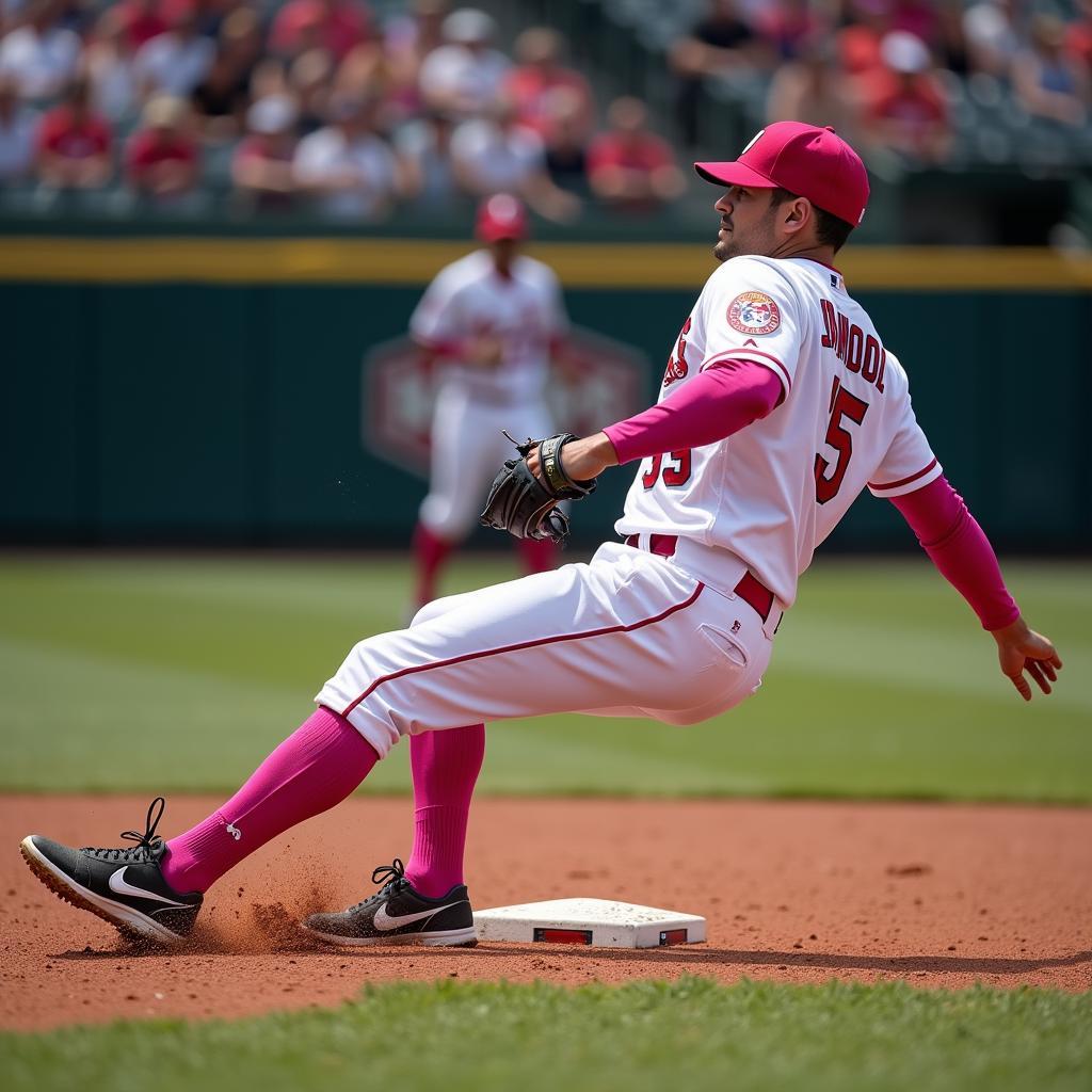 Baseball player with pink socks sliding into base