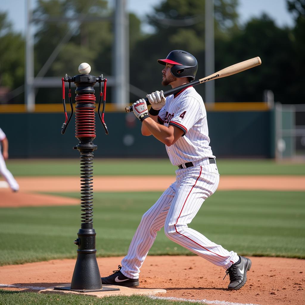 Baseball Player Practicing with Pitching Machine