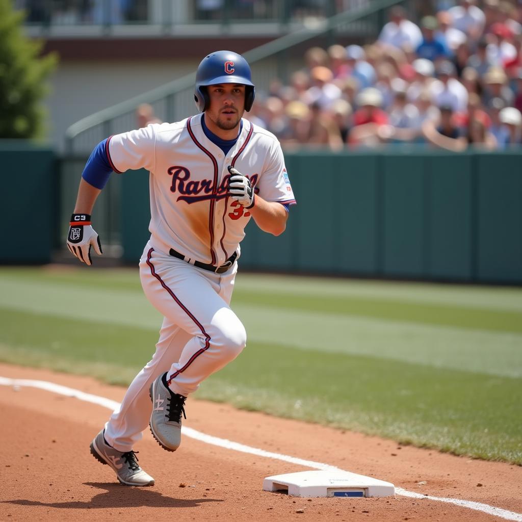 Baseball player rounding first base wearing corner helmet