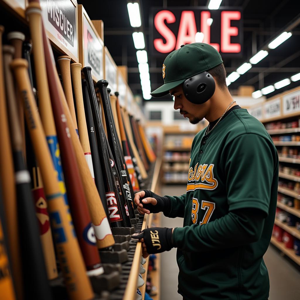 Baseball Player Selecting Gear with Sale Sign