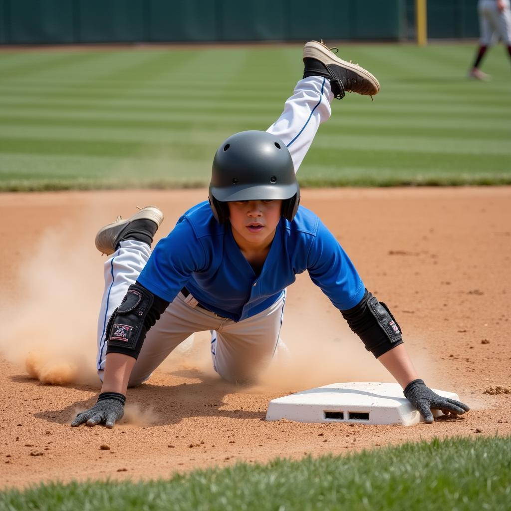 A baseball player sliding into home plate wearing protective gear