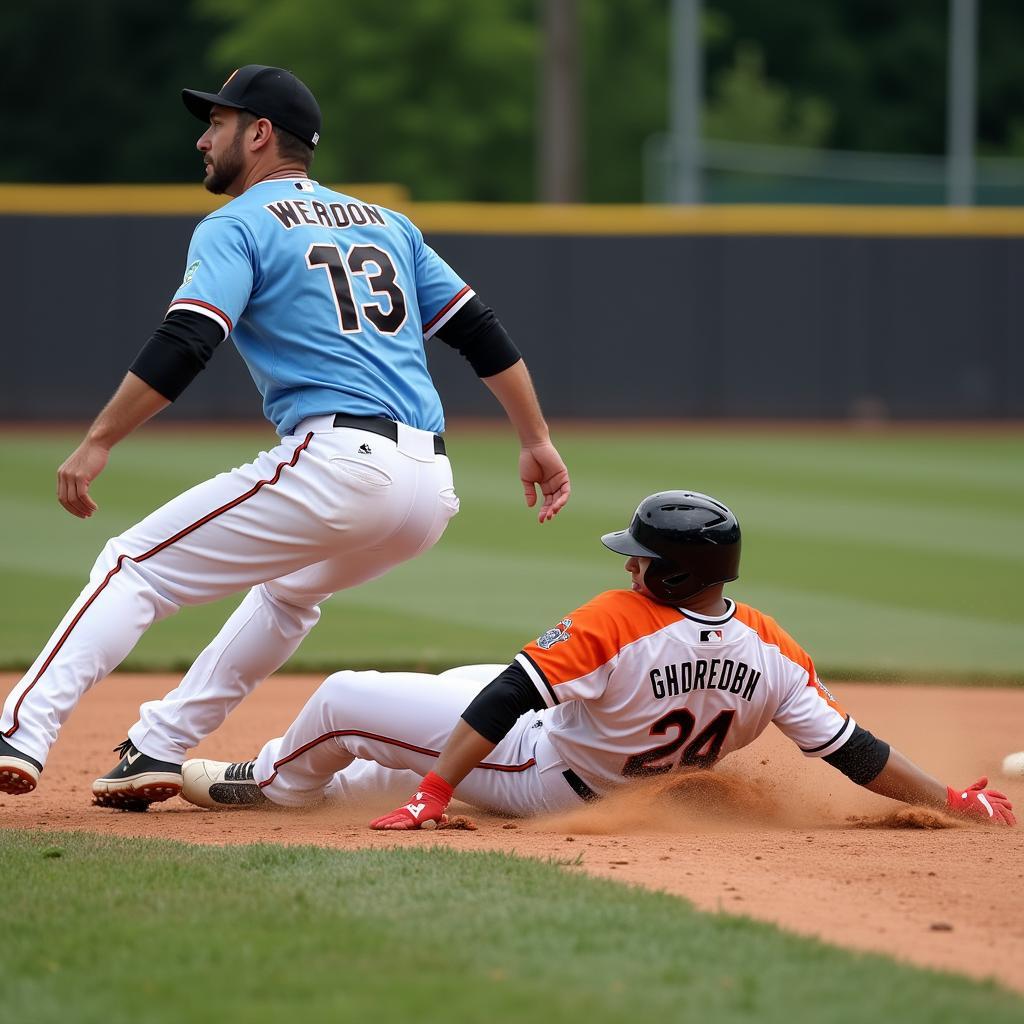 A baseball player stealing second base